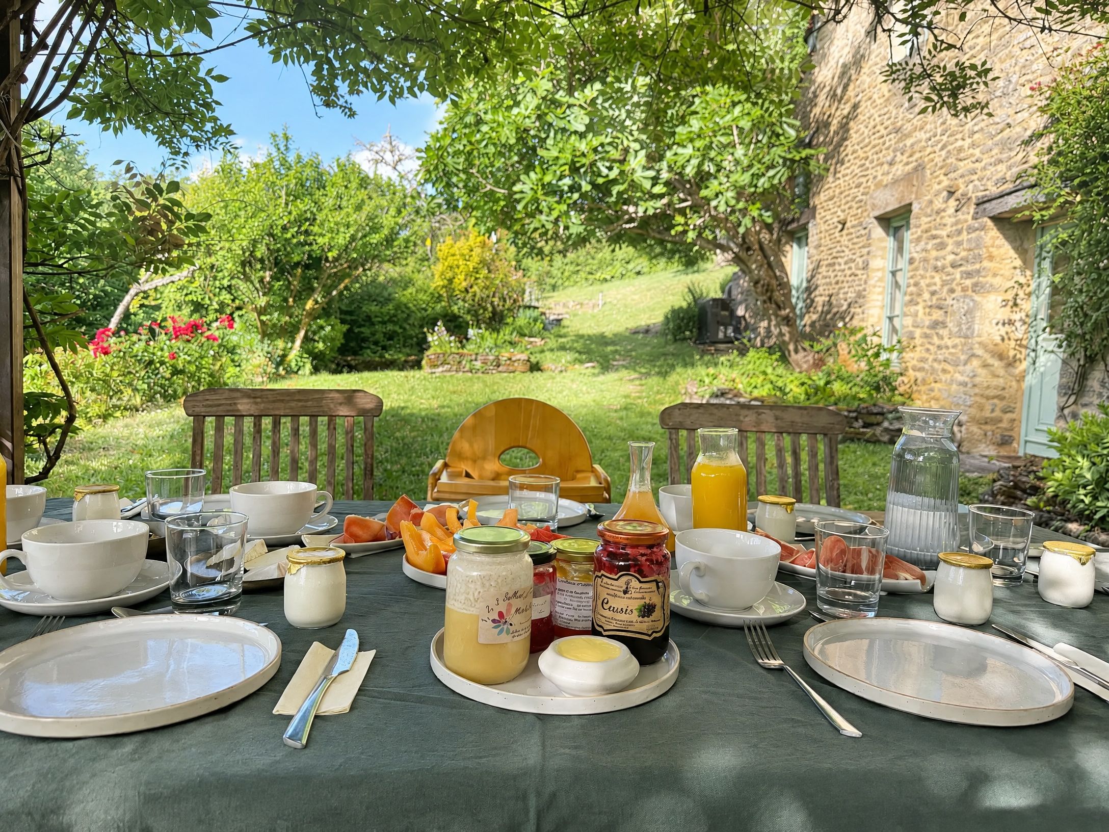 An outdoor dining setup with a table set for breakfast, surrounded by greenery and a stone building.