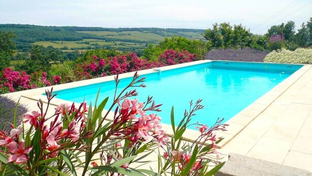 A rectangular swimming pool with clear blue water, surrounded by a light-colored deck. In the foreground, there are pink flowers and green foliage. - The Fleurières (Montoillot)