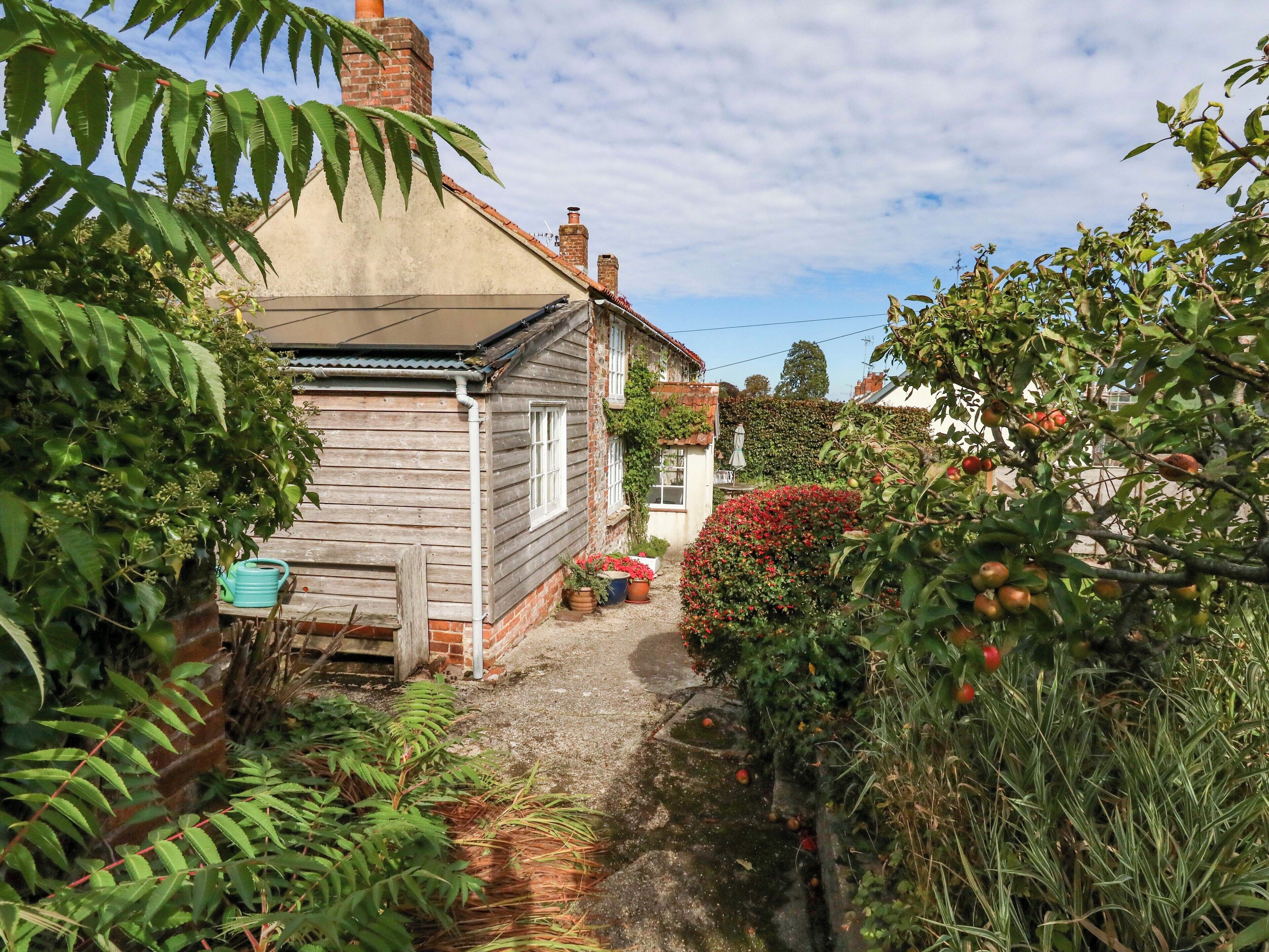 A narrow pathway leading to a wooden house with a tiled roof, surrounded by lush greenery and flowering plants.