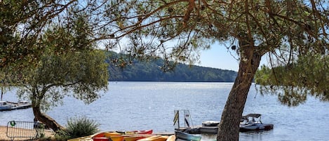 Blick auf einen See mit einem Baum, Kajaks und Booten.