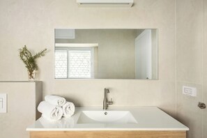 Une salle de bain moderne avec un grand lavabo, un miroir et une plante en pot.