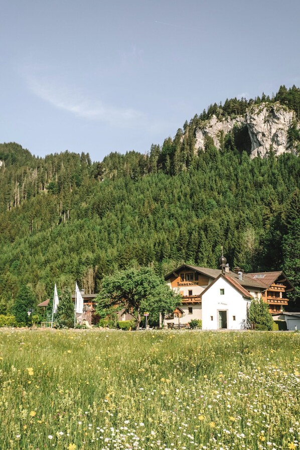 Un pueblo de montaña con casas de madera tradicionales, una iglesia y una vista despejada de una montaña boscosa.