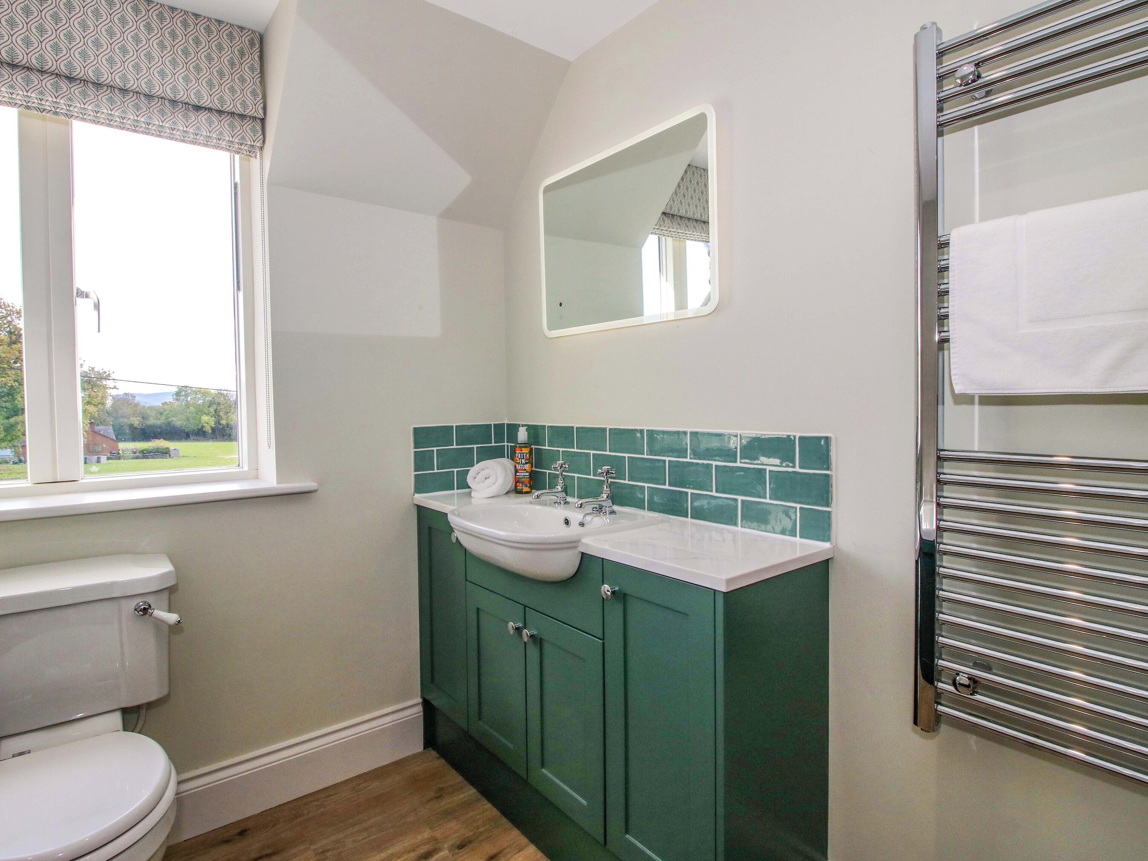 A bathroom with a toilet, sink, and mirror.
