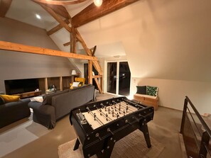 Smart TV, foosball, books