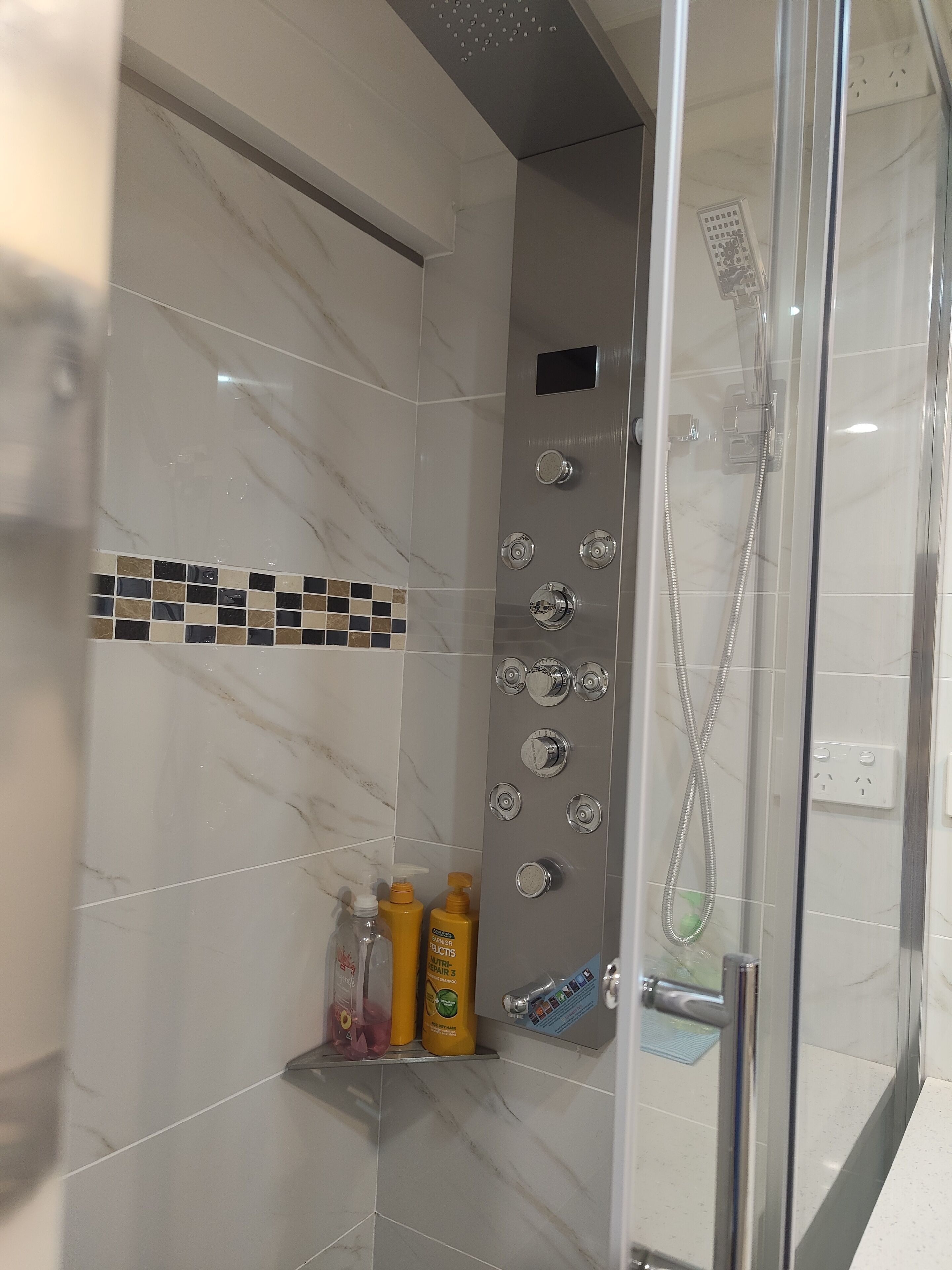 Hair dryer, bidet, towels, soap