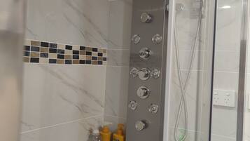 Hair dryer, bidet, towels, soap