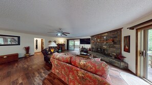 Smart TV, fireplace, DVD player, foosball