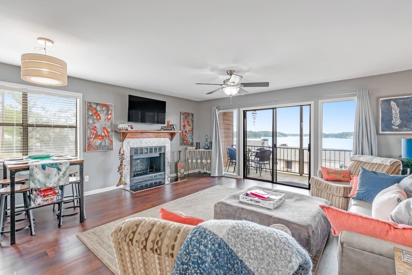 Smart TV, fireplace, books