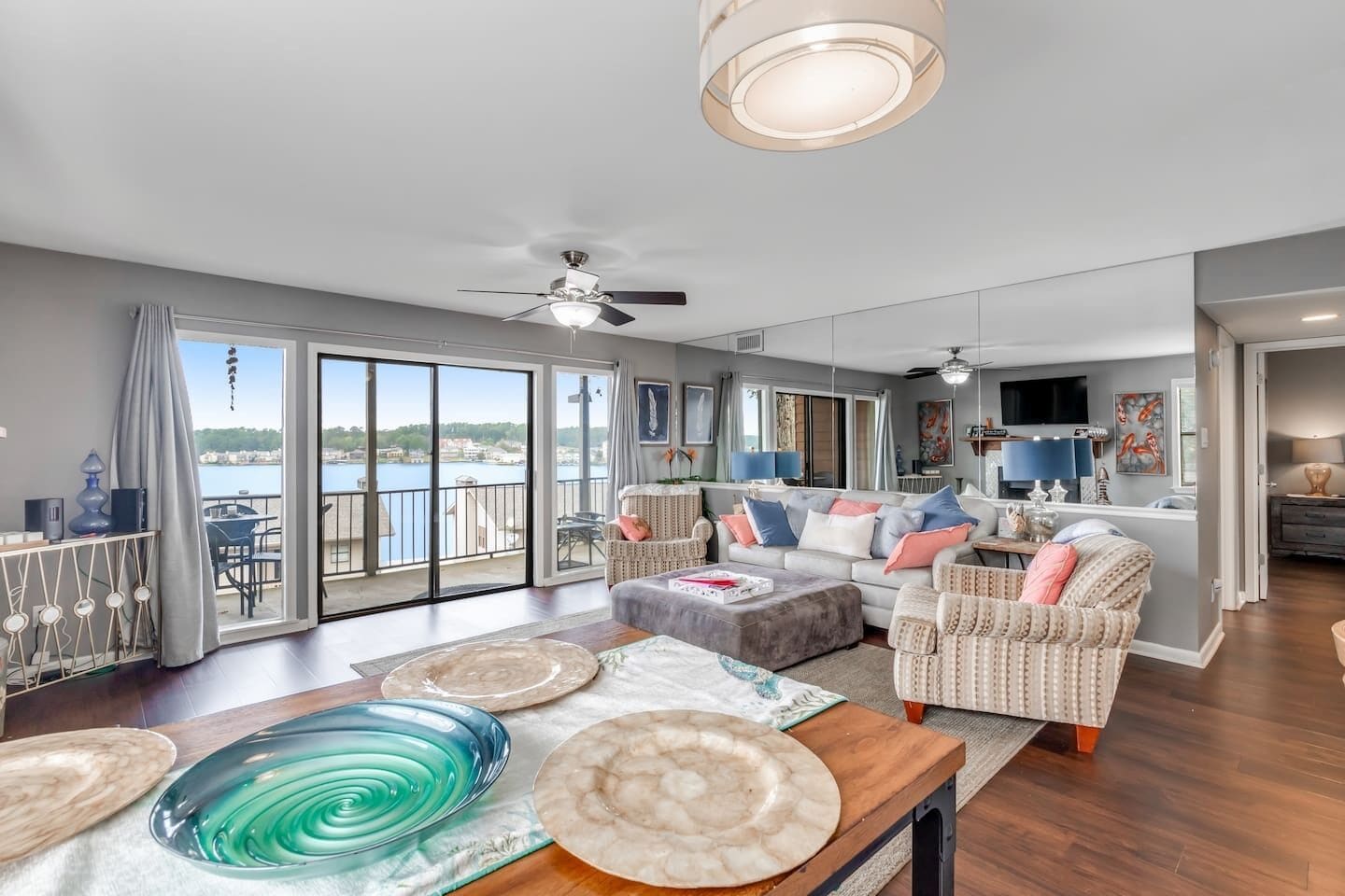 Smart TV, fireplace, books