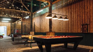 A billiards table in a room with wooden walls and a brick floor. - Cozy vacation homes and apartments - here you will find peace and relaxation (Emstek)