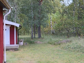 A small cabin with a red door, surrounded by a grassy area and trees.