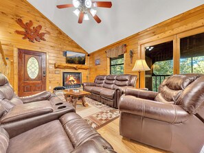 Fireplace, DVD player, table football