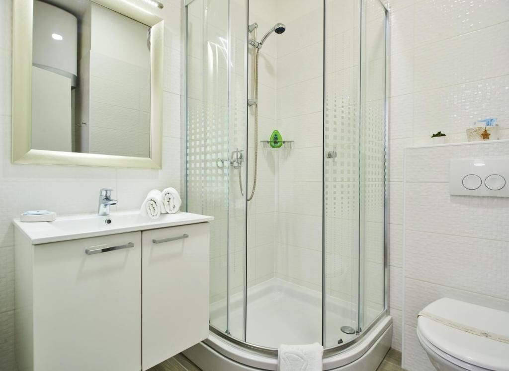 Tweepersoonskamer, uitzicht op stad | Badkamer | Een douche, handdoeken, zeep, shampoo