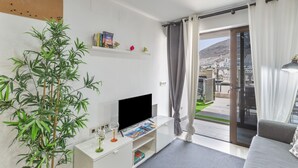 Een moderne woonkamer met een flatscreen televisie, een potplant, een boekenkast en een schuifdeur naar een balkon.