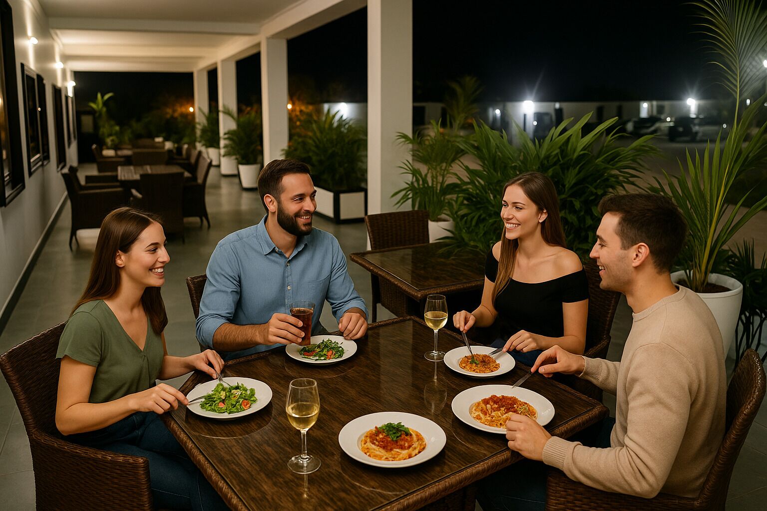 A group of four people dining at an outdoor table with potted plants and a view of the night sky.