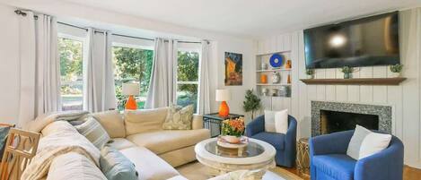 Télévision, cheminée, espaces bureaux