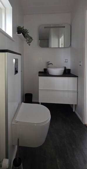 Shower, towels, soap, toilet paper