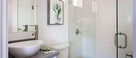 Shower, hair dryer, towels, shampoo