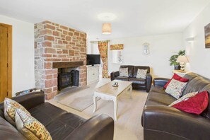 TV, fireplace, books, offices