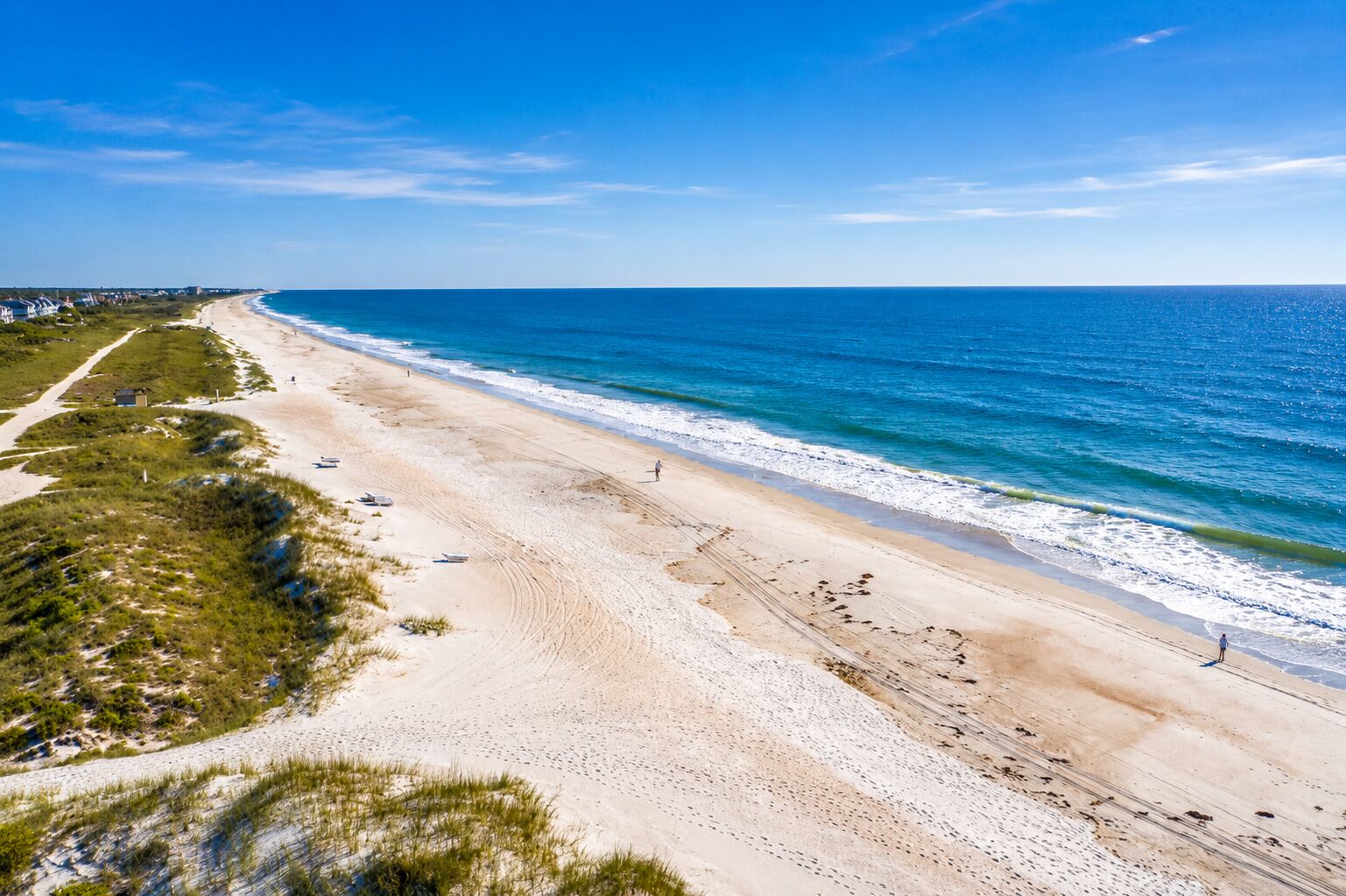 Une plage avec un ciel dégagé, un rivage sablonneux et quelques personnes qui se promènent.