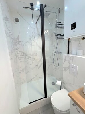 Shower, hair dryer, towels, toilet paper