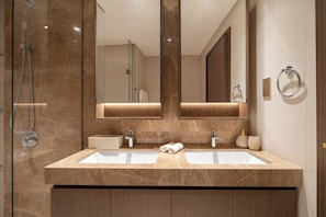 Shower, hair dryer, bidet, towels