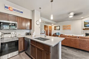 Microwave, stovetop, dishwasher, coffee/tea maker