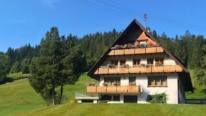 A two-story chalet with a sloped roof, wooden balconies, and a view of a forested hillside. - Apartment Sonnenblick with Mountain Views, Shared Garden and Wi-Fi (Bad Rippoldsau-Schapbach)