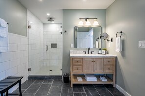 Shower, hair dryer, towels