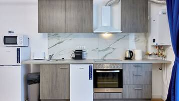 Comfort Apartment | Private kitchen | Full-size fridge, oven, stovetop, coffee/tea maker