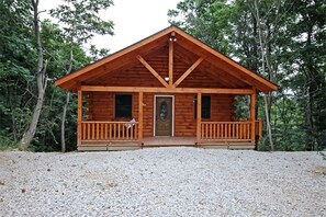 A wooden cabin with a front porch, a door, and windows.