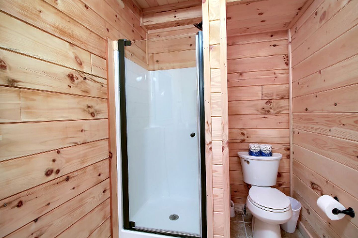 Baño de cabaña de madera con ducha envuelta en vidrio, inodoro y bidé.