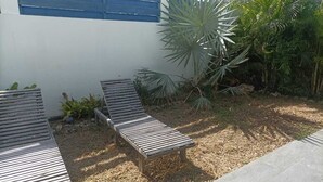 Un patio con dos sillones de madera, un sendero de concreto y diversas plantas tropicales.