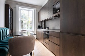 Fridge, microwave, dishwasher, coffee/tea maker