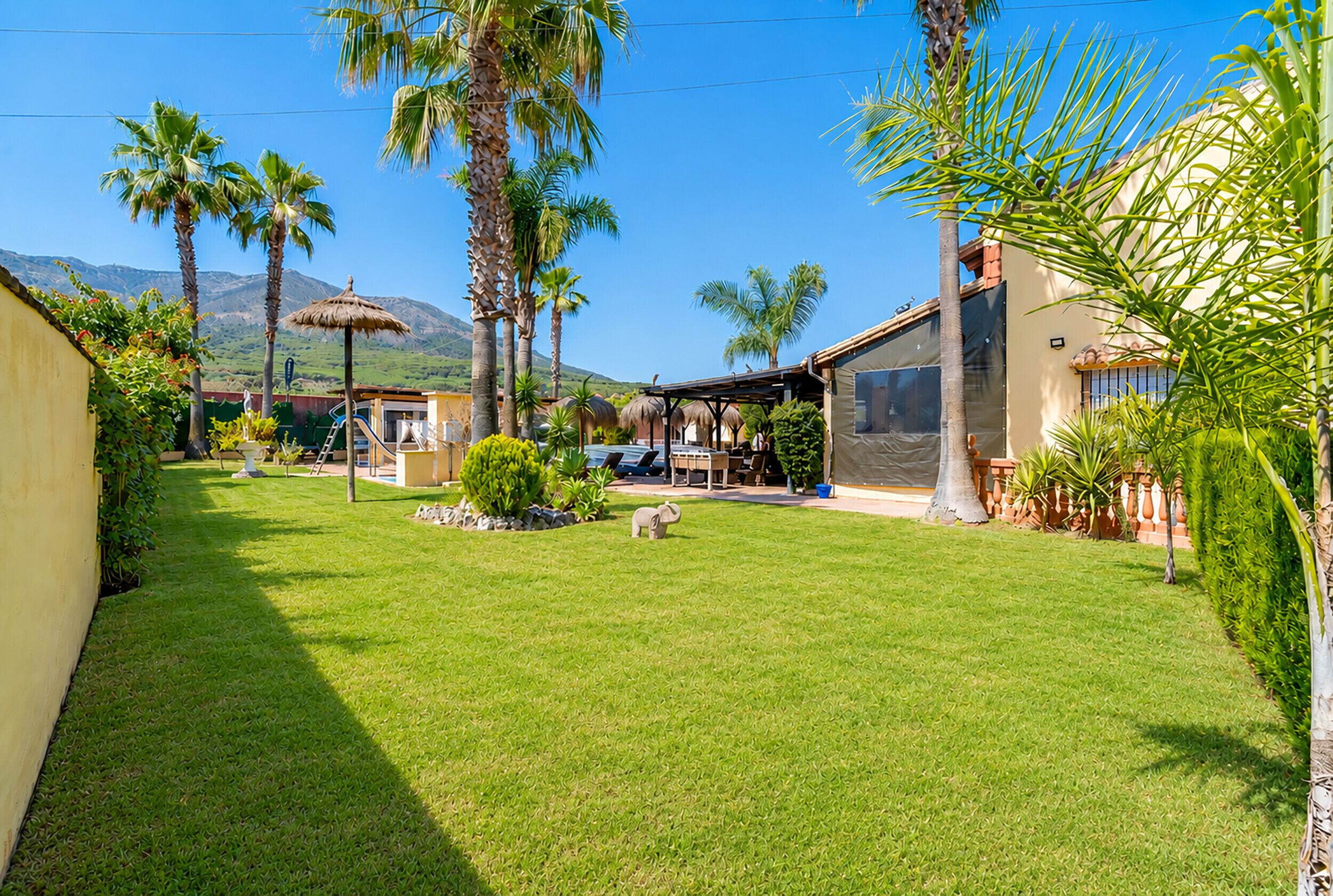 A well-maintained backyard with a lawn, palm trees, a barbecue area, and a covered patio.