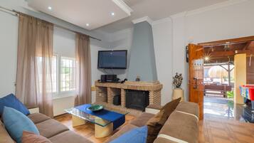 TV, fireplace, foosball