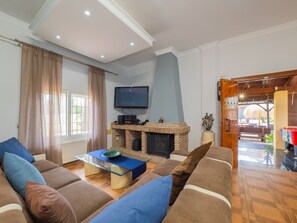 TV, fireplace, table football