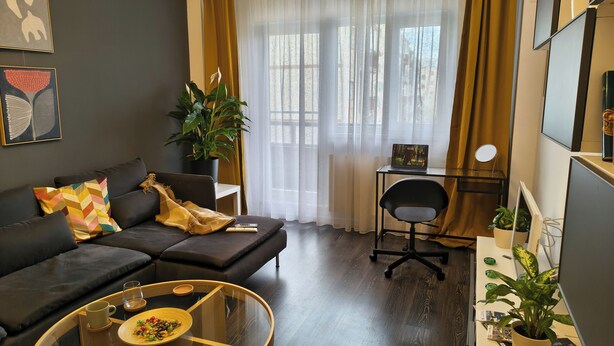 A modern living room with a sofa, a glass coffee table, a desk with a laptop, and a potted plant. - Student Grey Apartment w/ Full ammenities. Spacious 2 room Balcony (Timisoara)