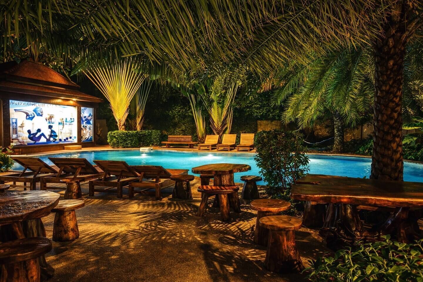 A poolside area with lounge chairs, wooden tables, and a bar area with illuminated artwork.