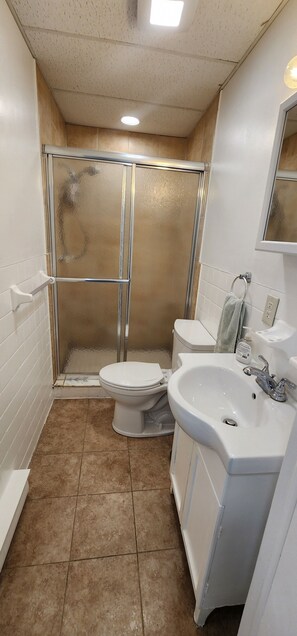 Douche, séchoir à cheveux, serviettes fournies, savon