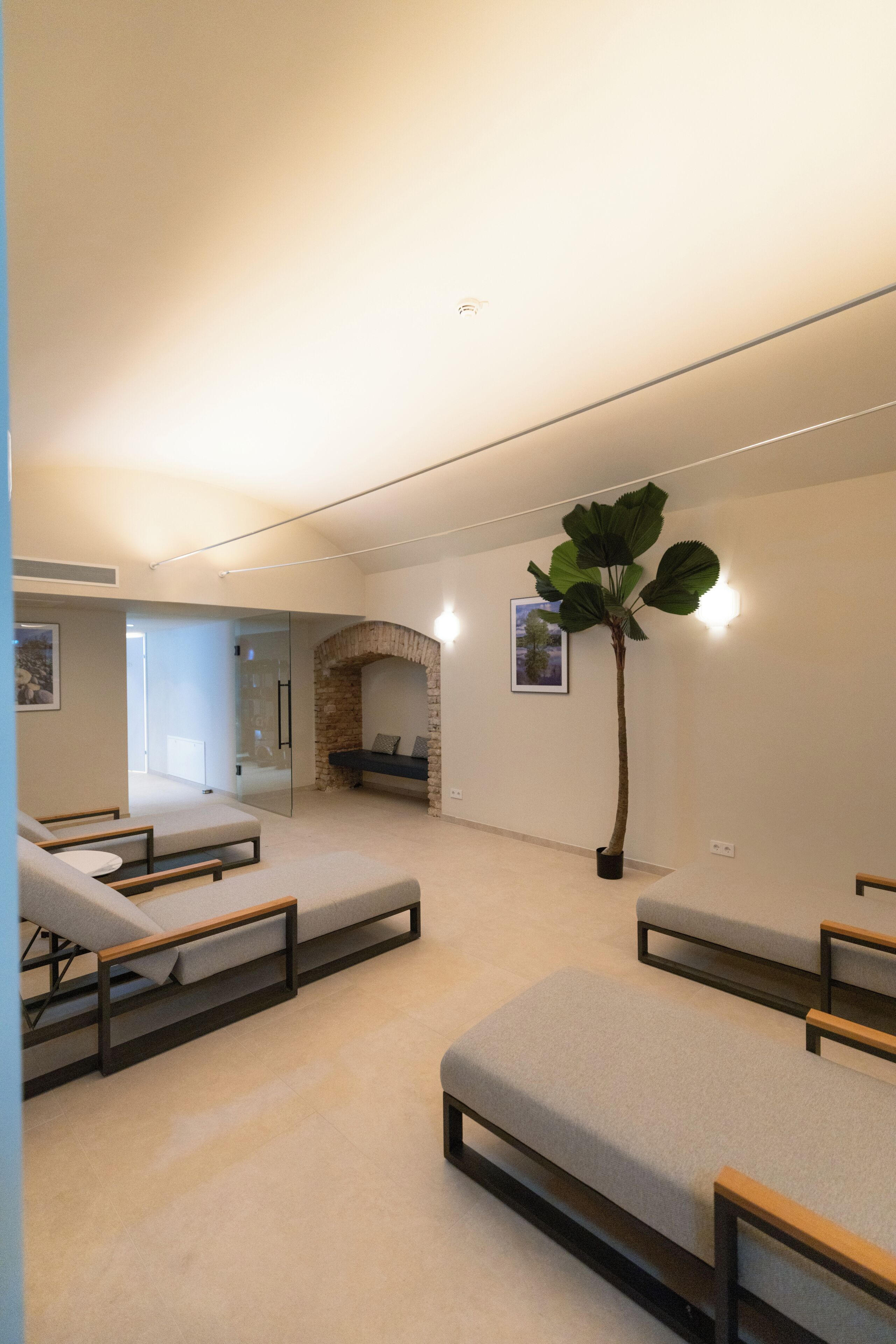 A room with a stone fireplace, a large potted plant, and a seating area with cushioned benches.