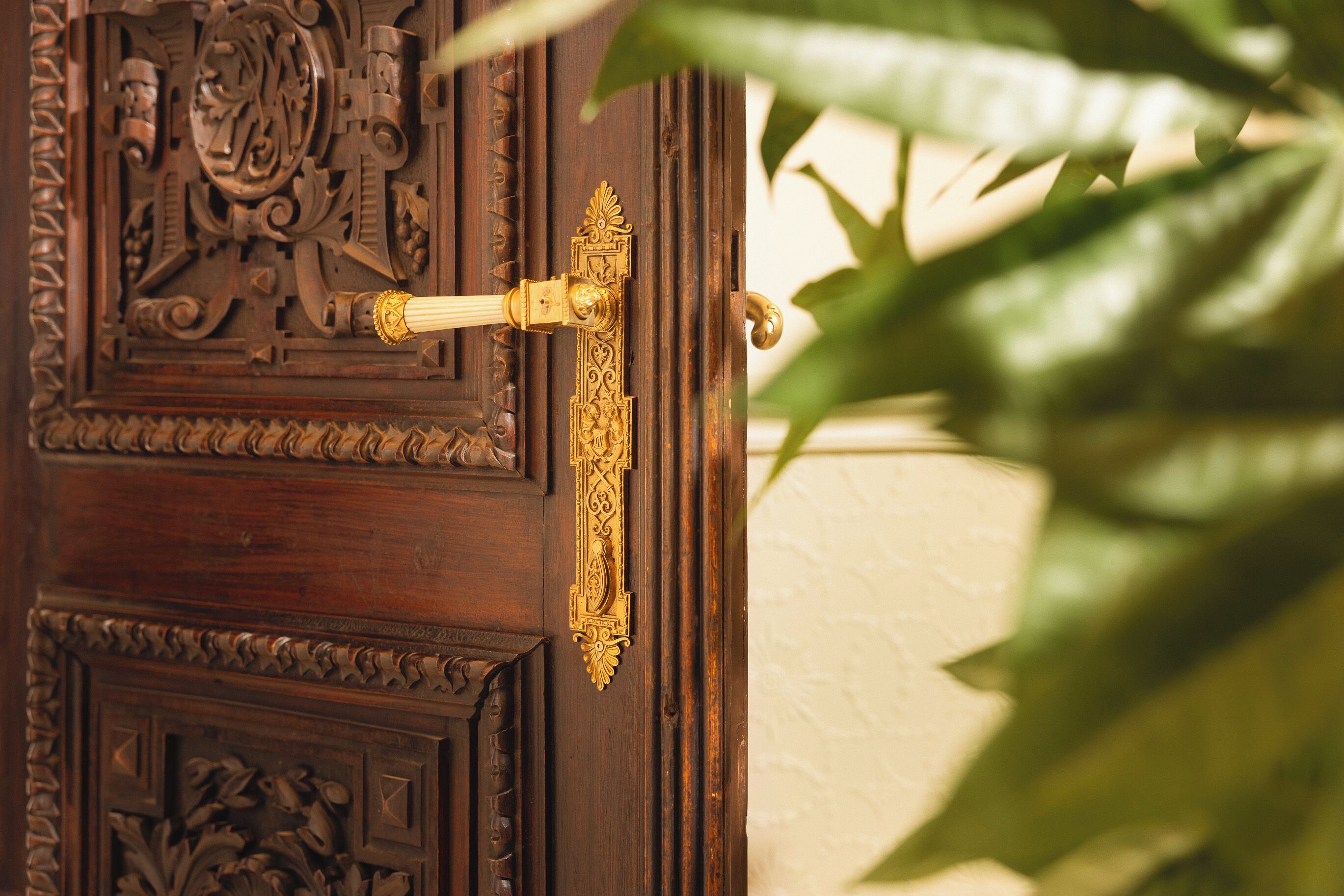 A wooden door with intricate carvings and a brass handle.