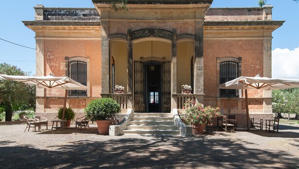 A building with a grand entrance, steps leading up to it, and outdoor seating with umbrellas.