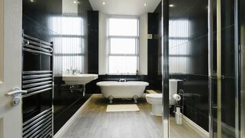 Hair dryer, towels, soap, shampoo