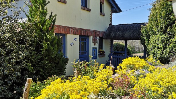 A building with a blue door, a thatched roof structure, and a garden with yellow flowers. - Family-Friendly Holiday Home 'Märchengarten Fischer Un Sin Fru' (Putbus)