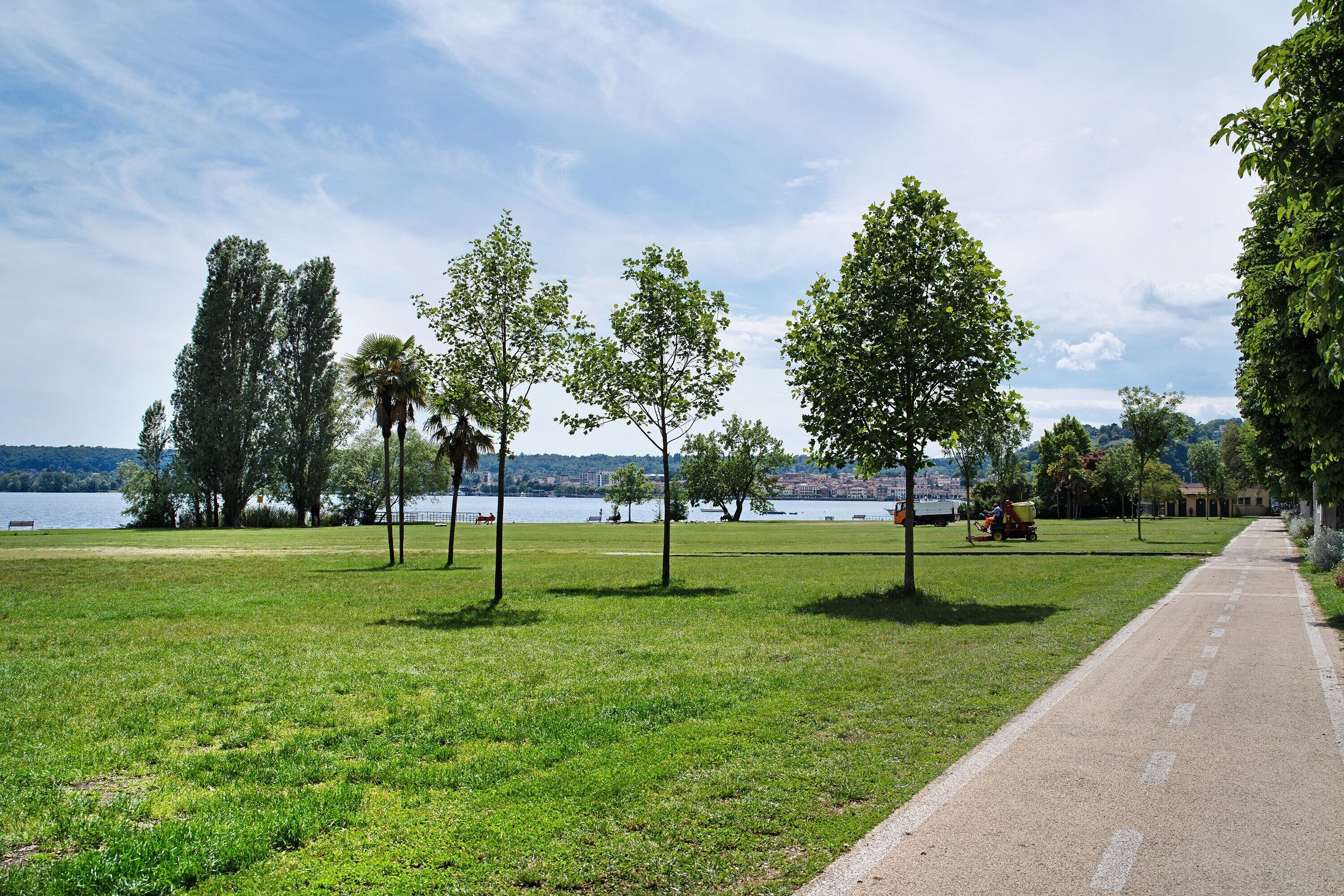 A park with a paved path, trees, and a body of water in the background.