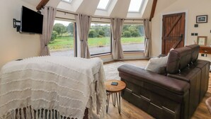 A bedroom with a large bed, a leather sofa, and a TV mounted on the wall. There are skylights and a view of the outdoors. - Yr Awen - Inspiration (Lampeter)