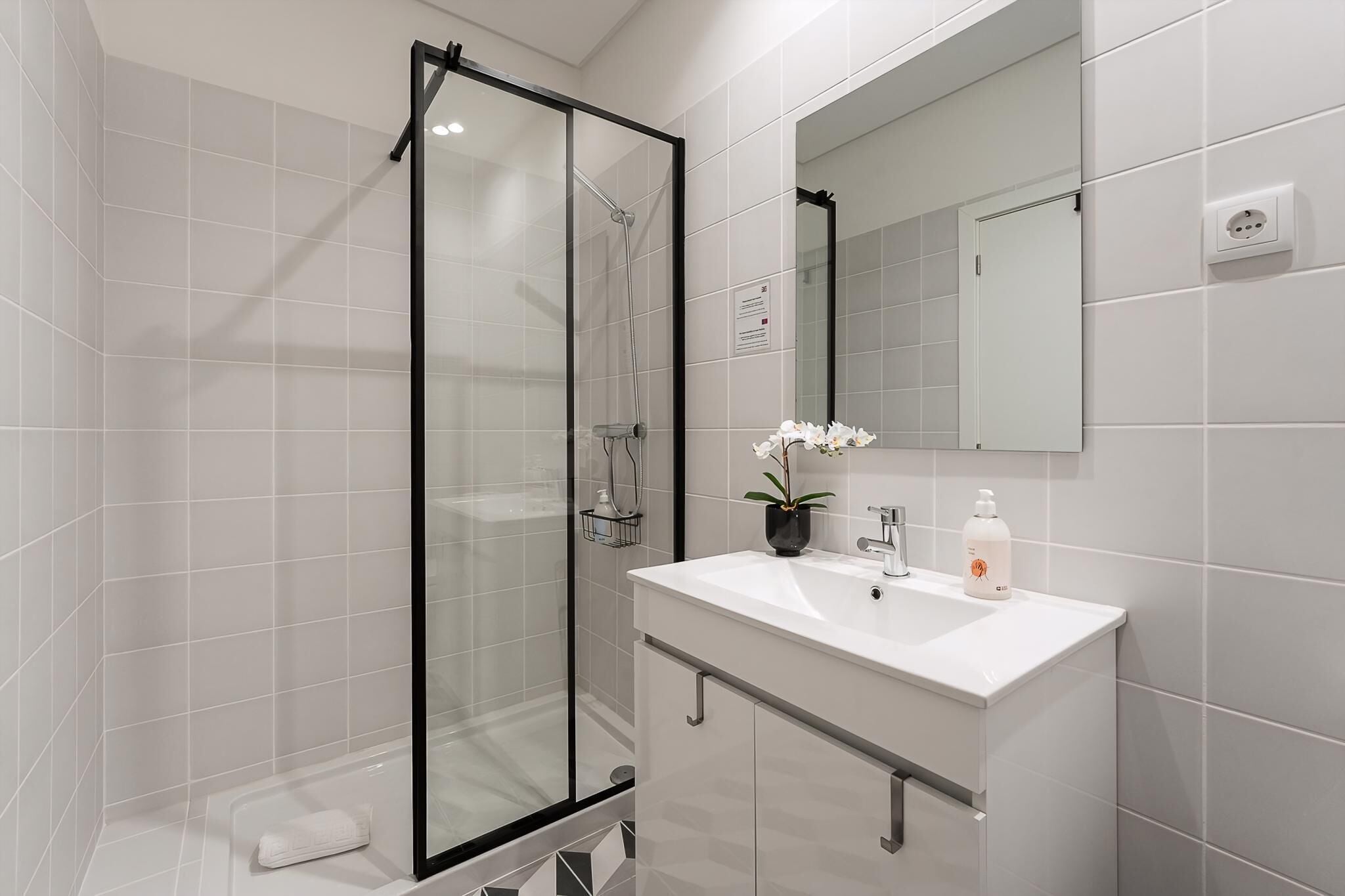 Une salle de bain moderne avec une douche à parois de verre, un lavabo blanc et un miroir au-dessus.