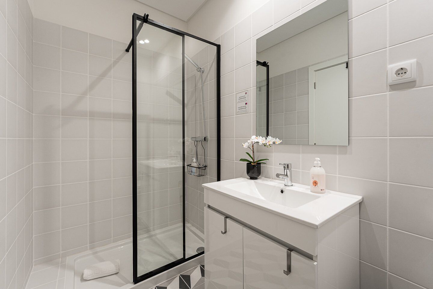 Un baño moderno con ducha de vidrio, un lavabo blanco con un espejo encima y una pequeña orquídea en maceta sobre el lavabo.