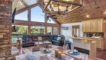 Smart TV, fireplace, books